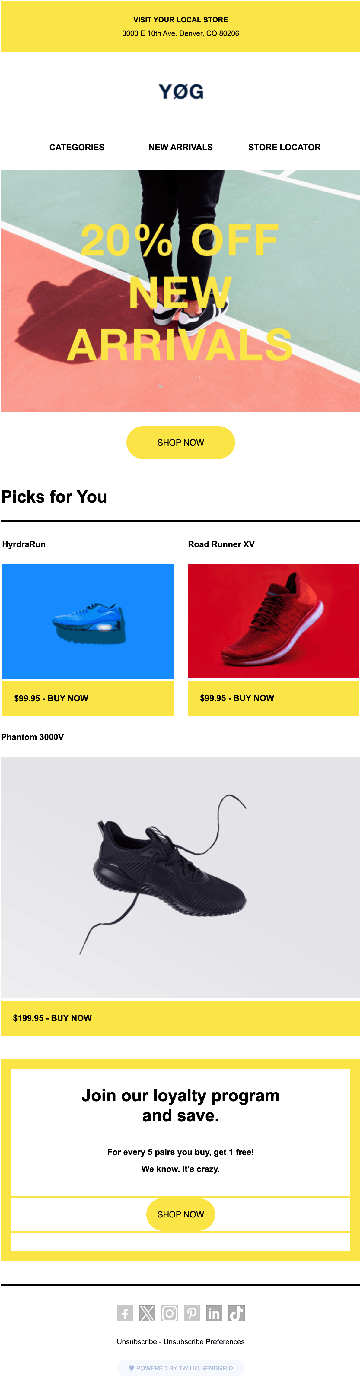 An ecommerce email template example featuring product images, pricing, and call-to-action buttons