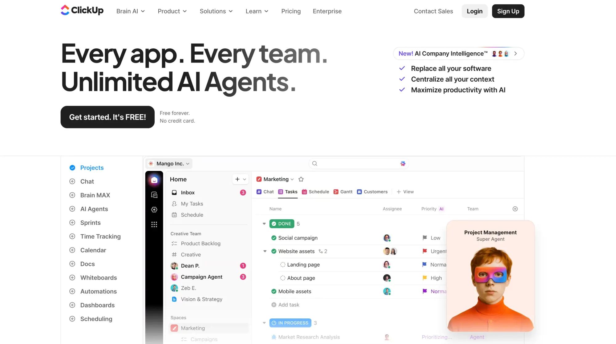 ClickUp project management tool main page screenshot (sales productivity tools)