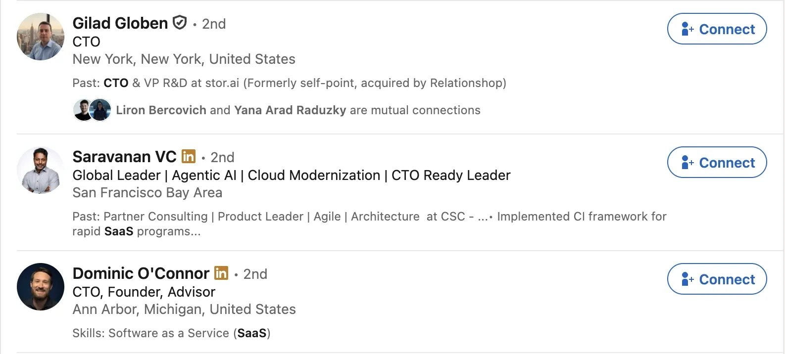 Screenshot of LinkedIn interface showing search results for CTO profiles