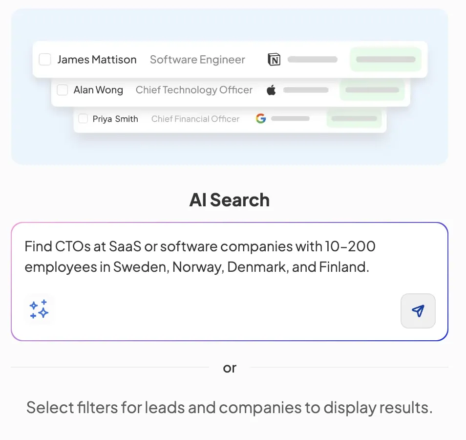 Screenshot of the Skrapp AI lead finder searching for B2B CTOs in Nordic countries