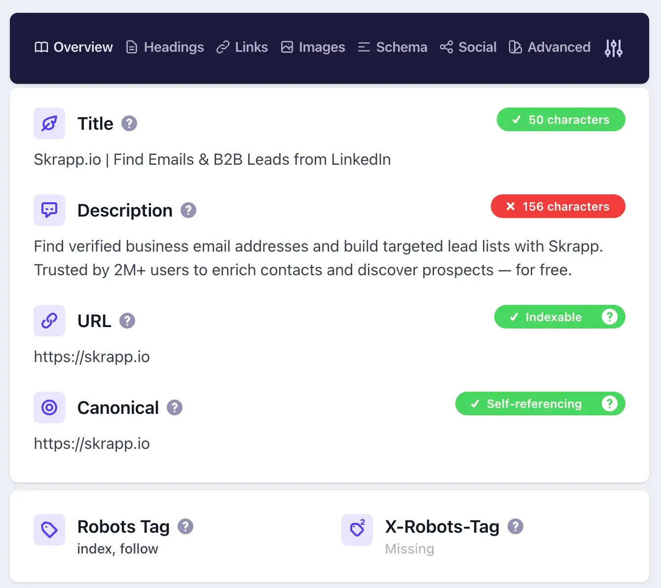Detailed SEO Chrome extension showing page title, meta description length, URL, and canonical tag