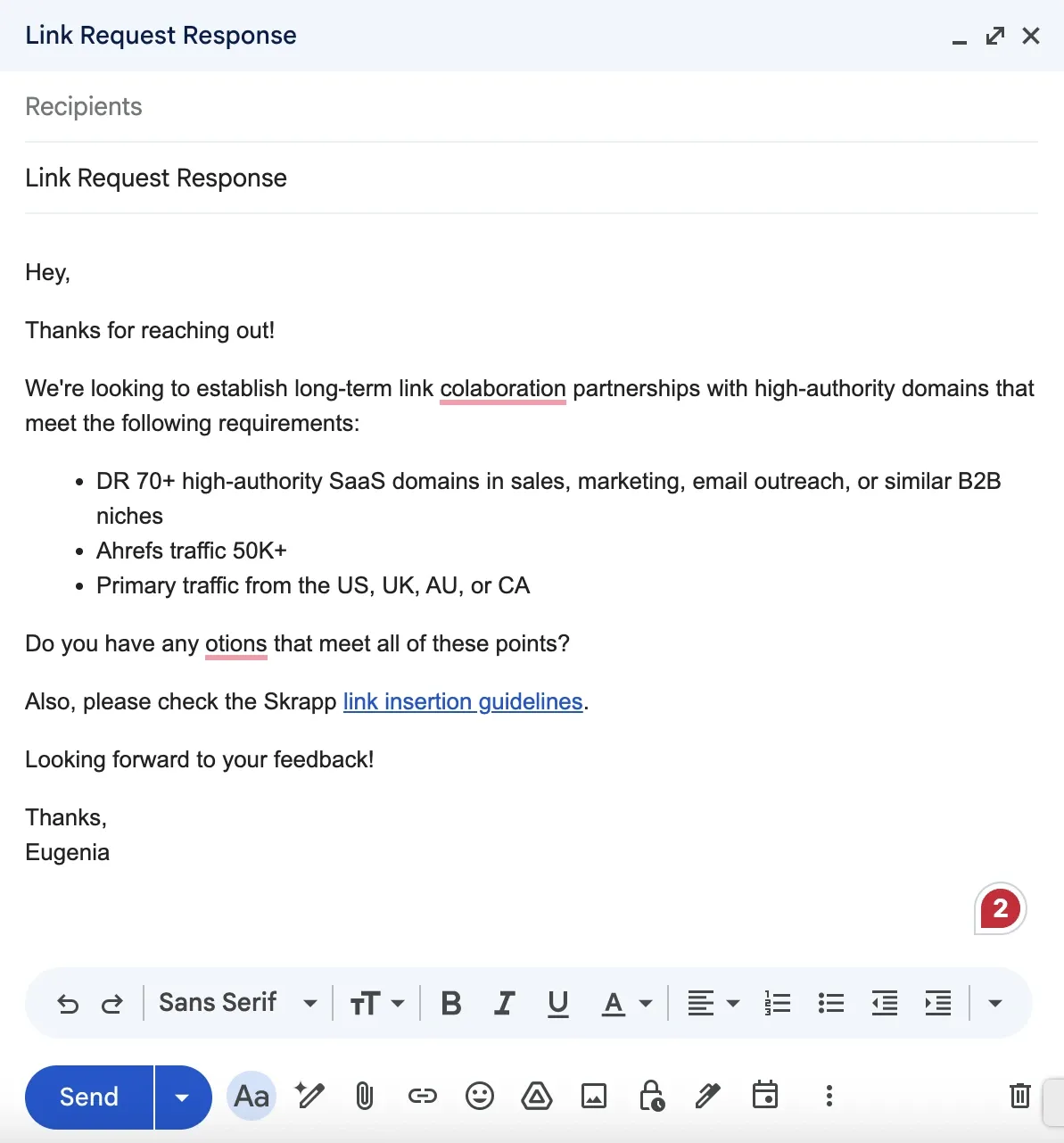 Grammarly Chrome extension interface highlighting grammatical errors in an outreach email