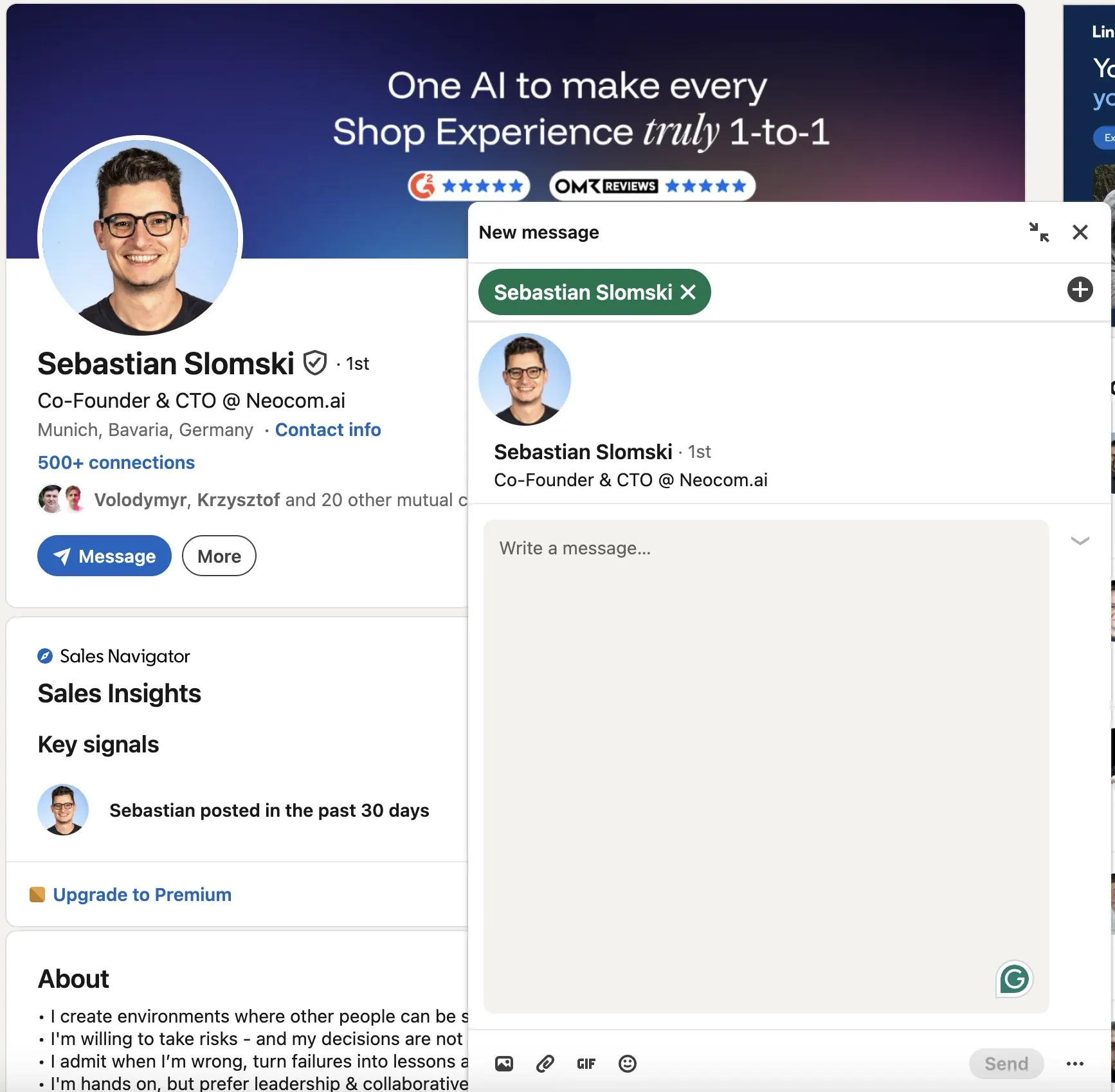 Screenshot of a LinkedIn InMail message sent to an existing CTO contact