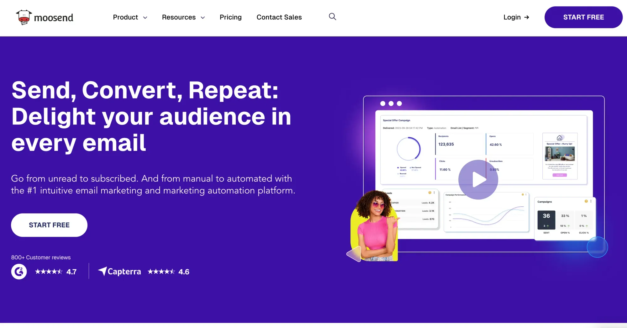 Moosend email marketing platform homepage interface