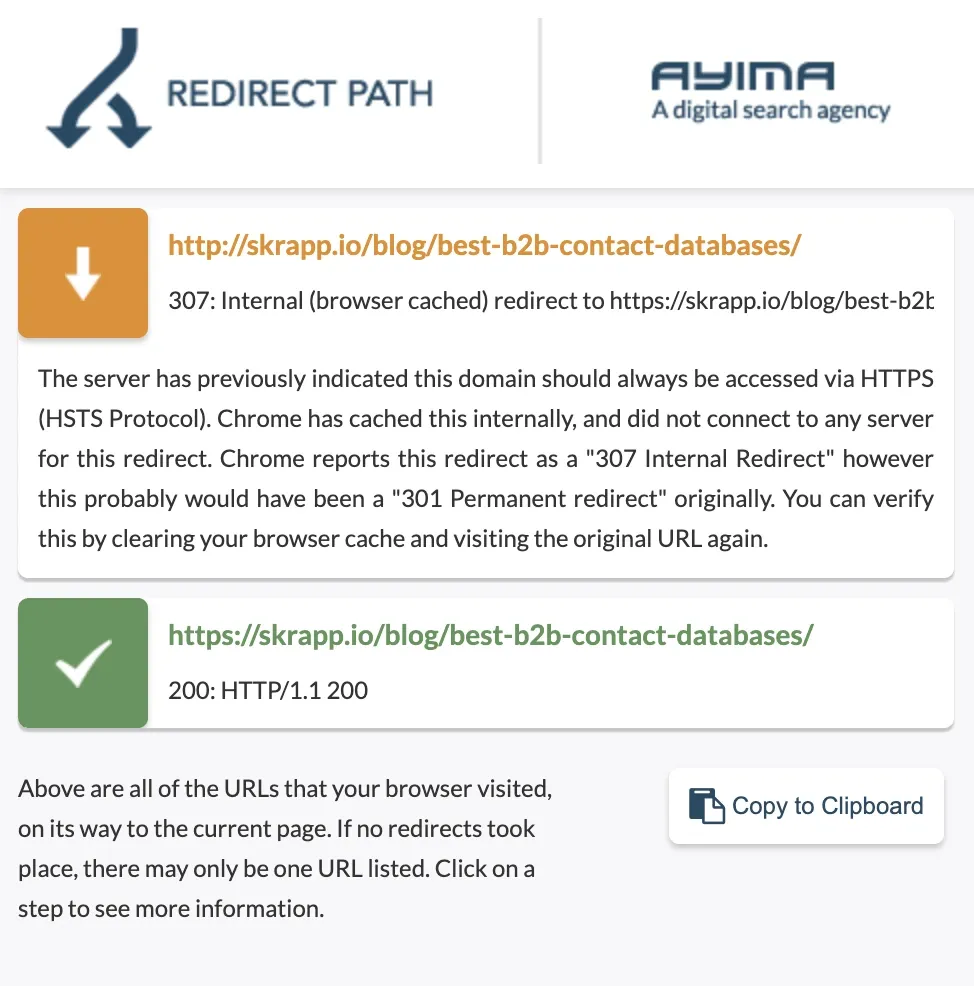 Redirect Path Chrome extension showing a 307 redirect to a secure HTTPS URL