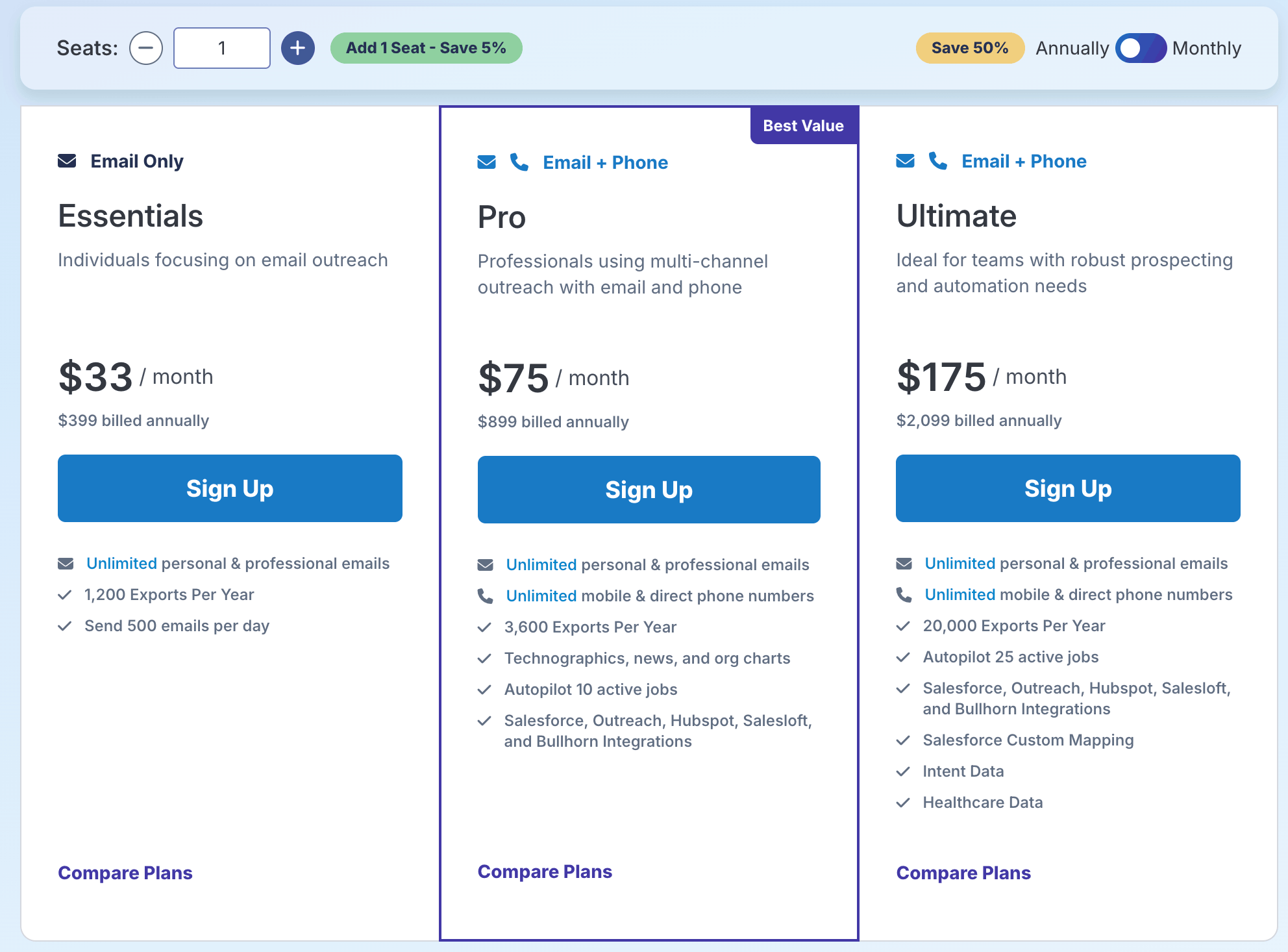 RocketReach Apollo.io alternative - pricing page