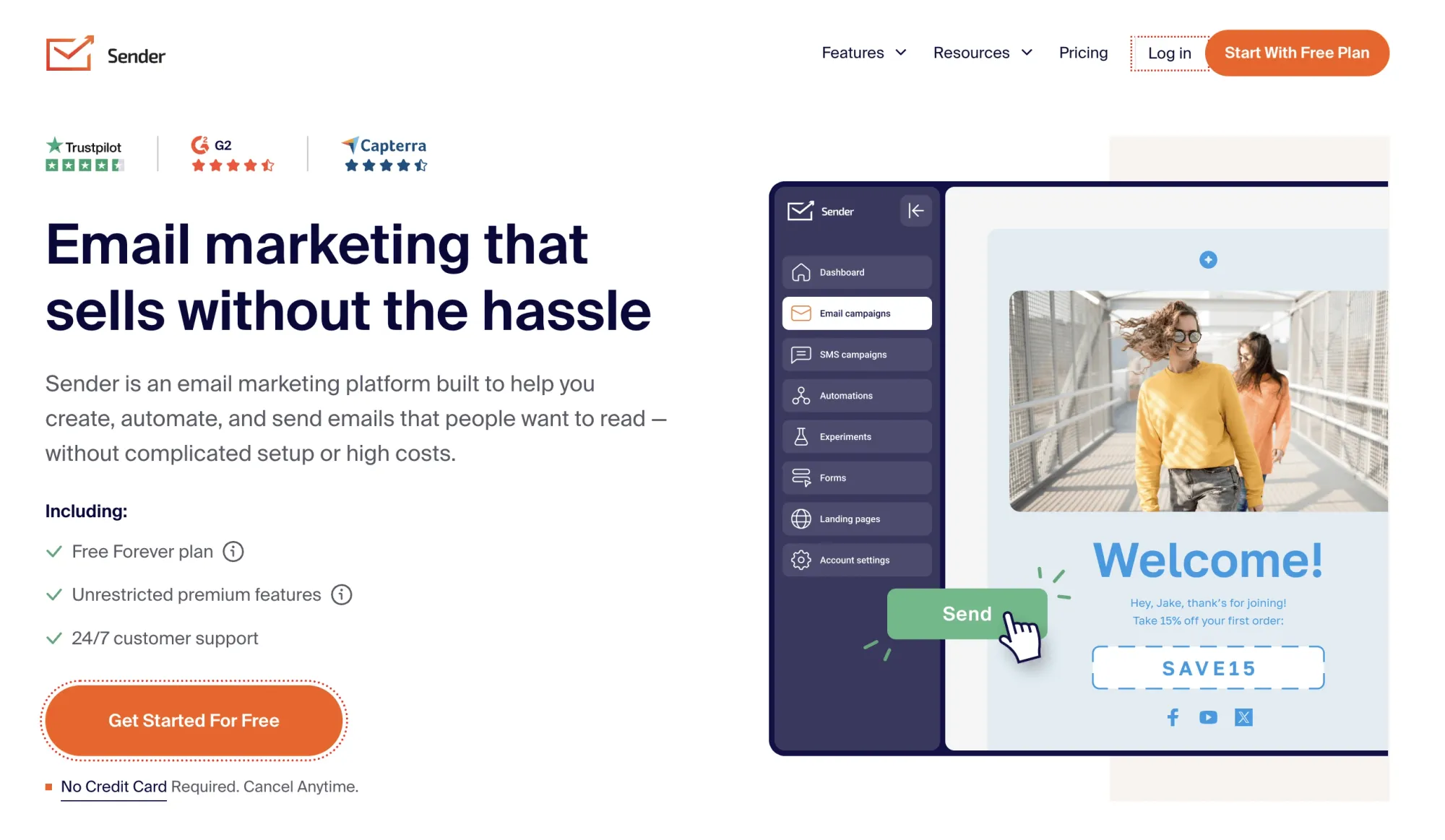 Sender email marketing platform website screenshot