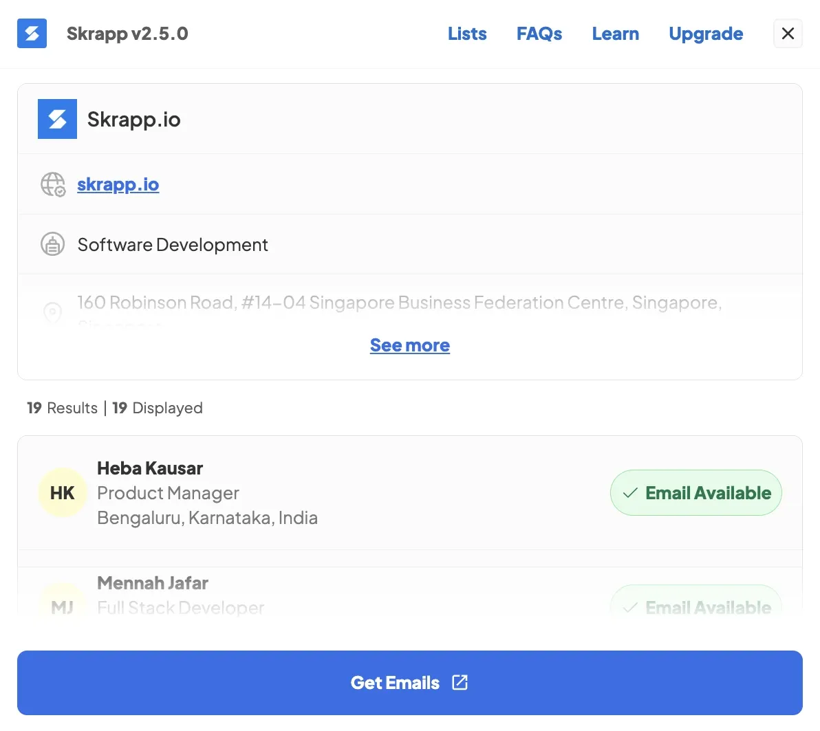 Skrapp email finder Chrome extension interface displaying emails found for a domain