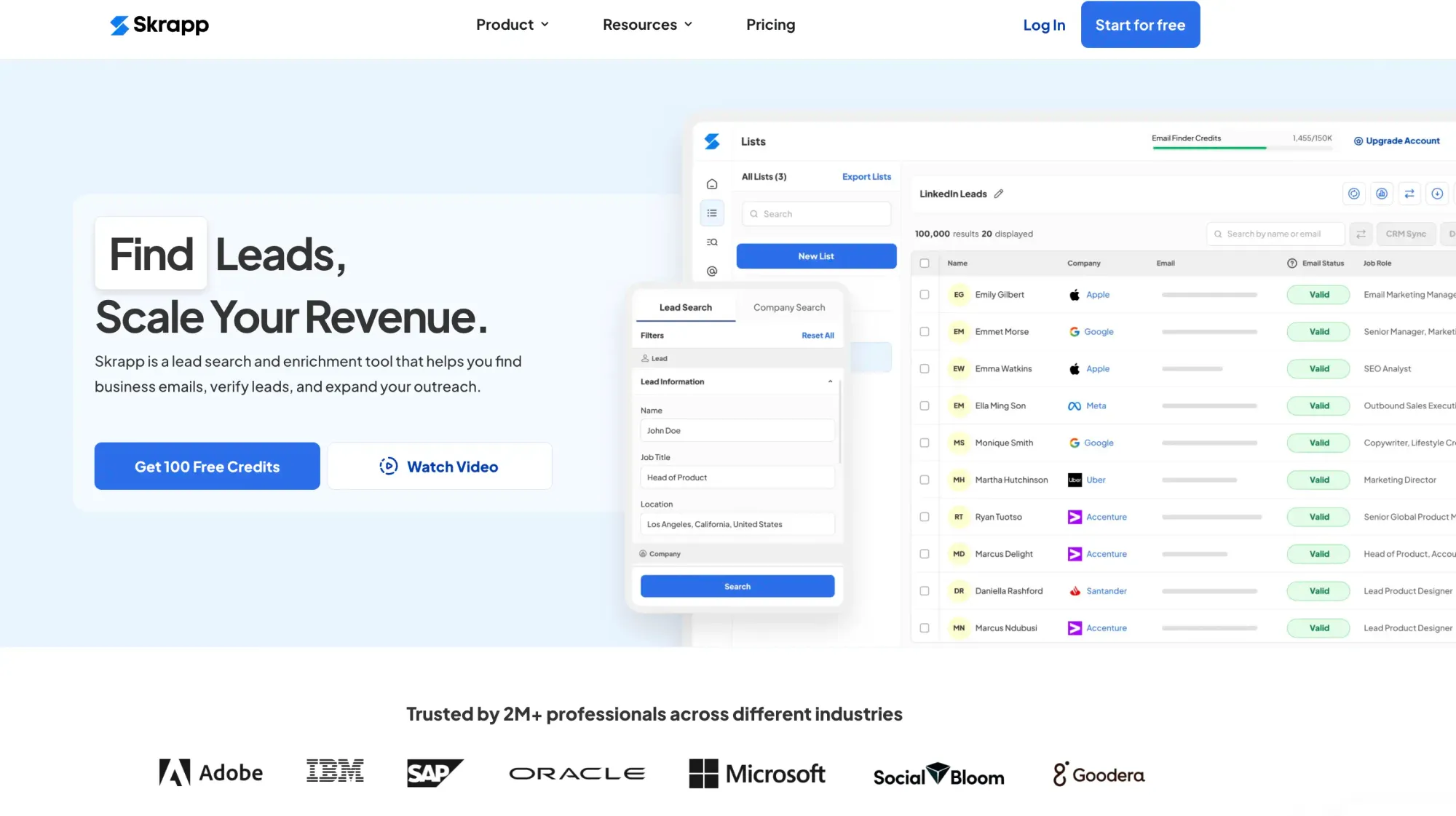 Skrapp sales prospecting tool website interface (best sales productivity tools)