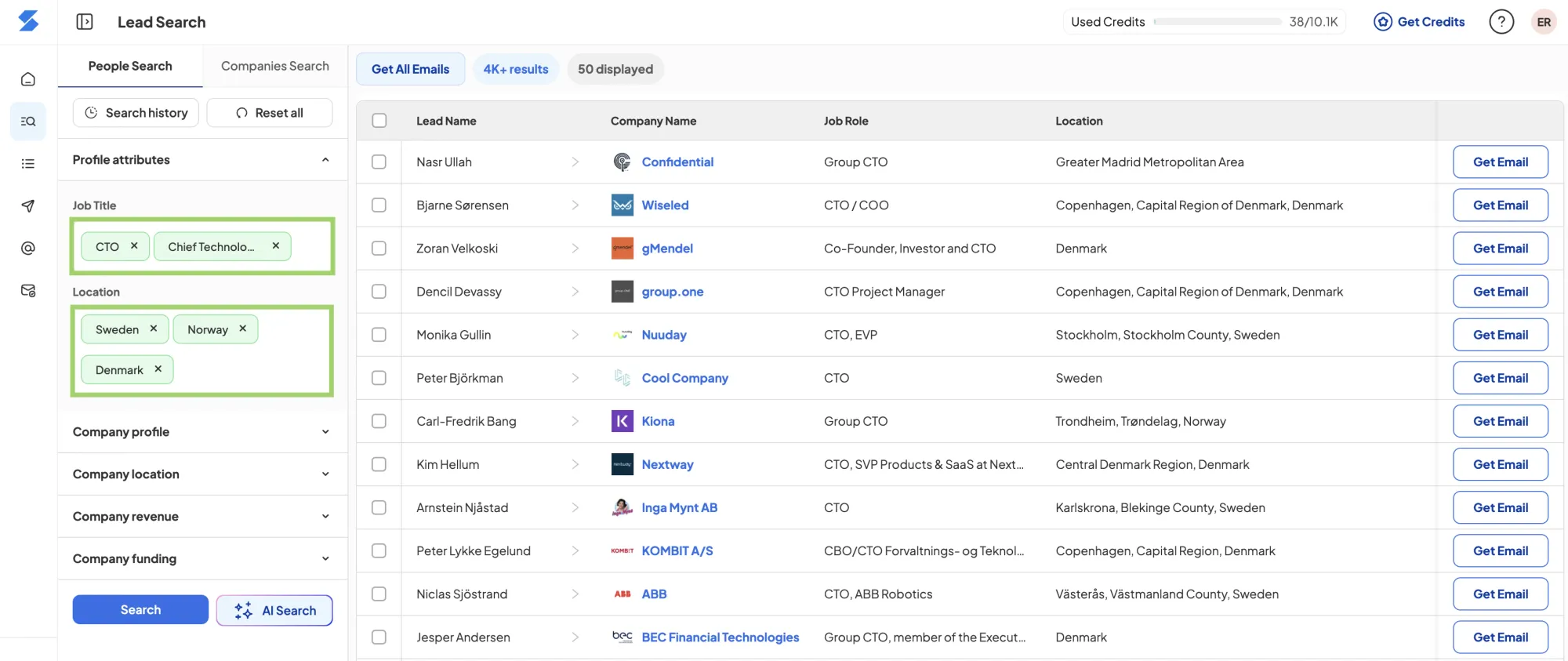 Screenshot of the Skrapp B2B lead finder interface searching for CTO roles in Sweden, Norway, and Denmark
