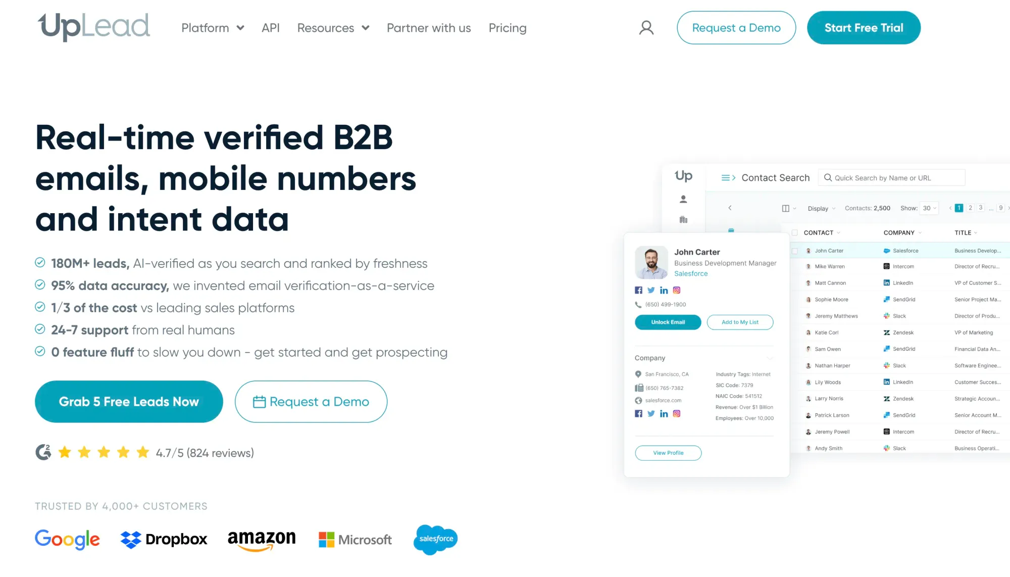UpLead best B2B contact database (website screenshot)
