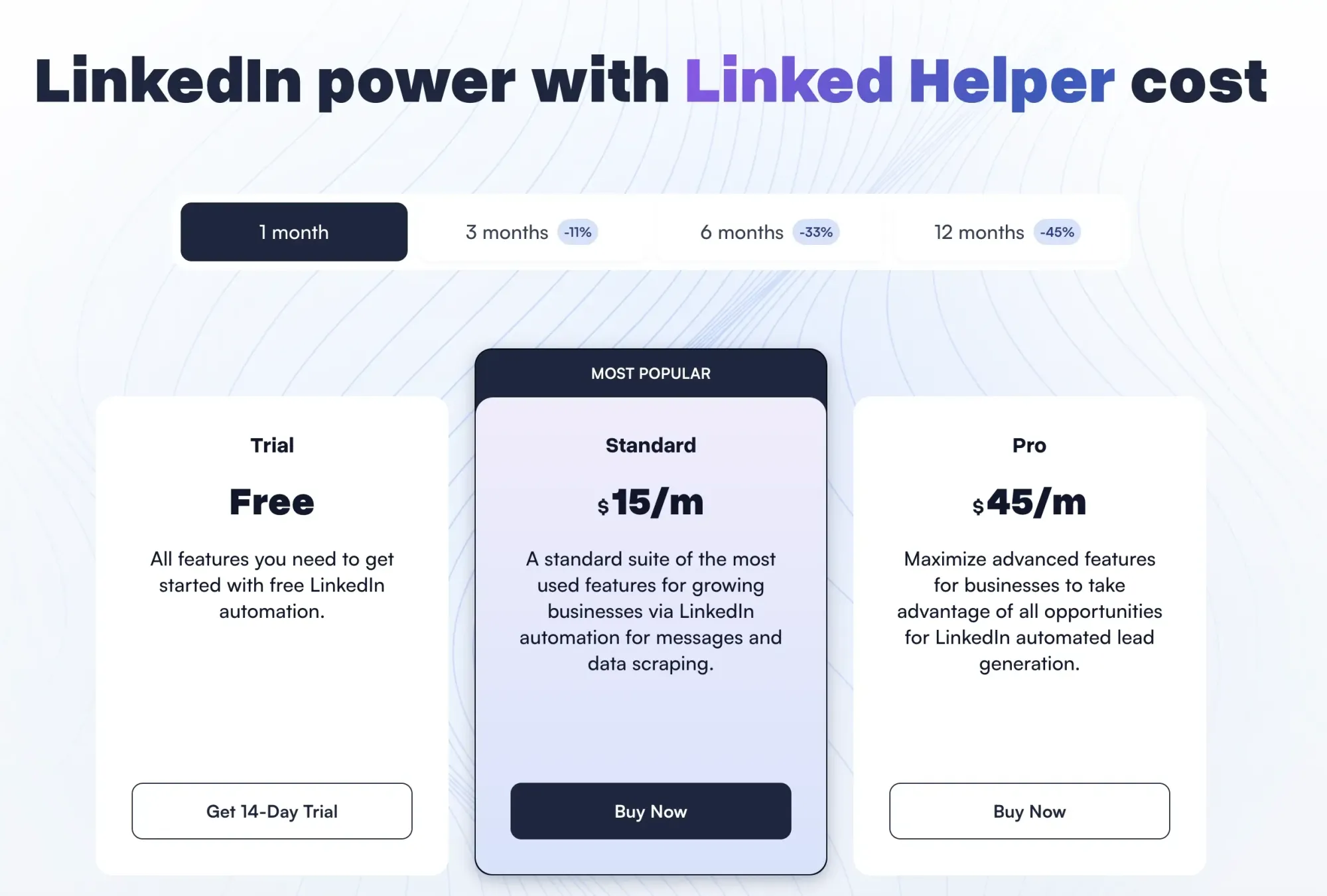 Linked Helper pricing page screensho
