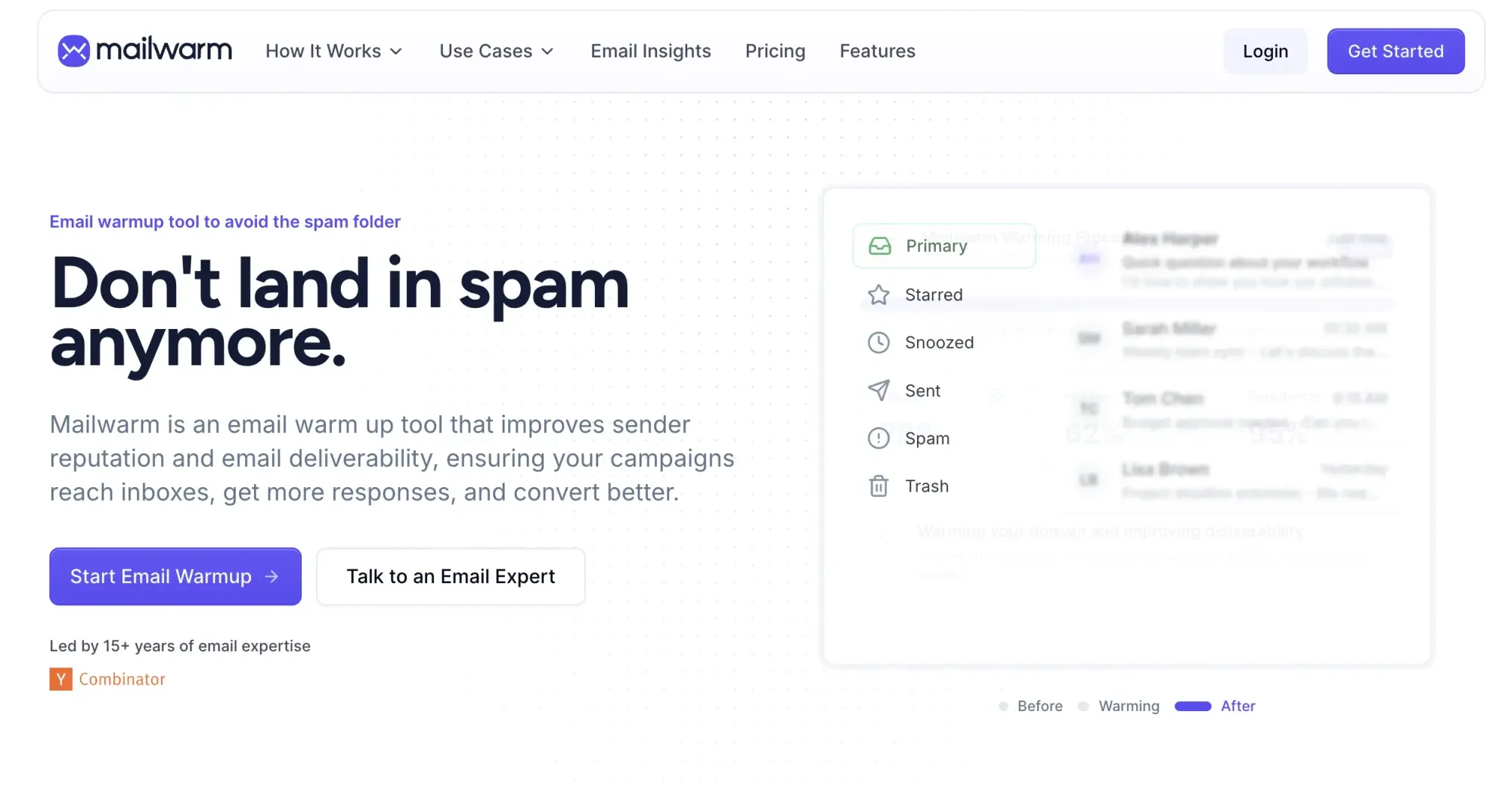 Screenshot of the Mailwarm Inbox email warmup tool website