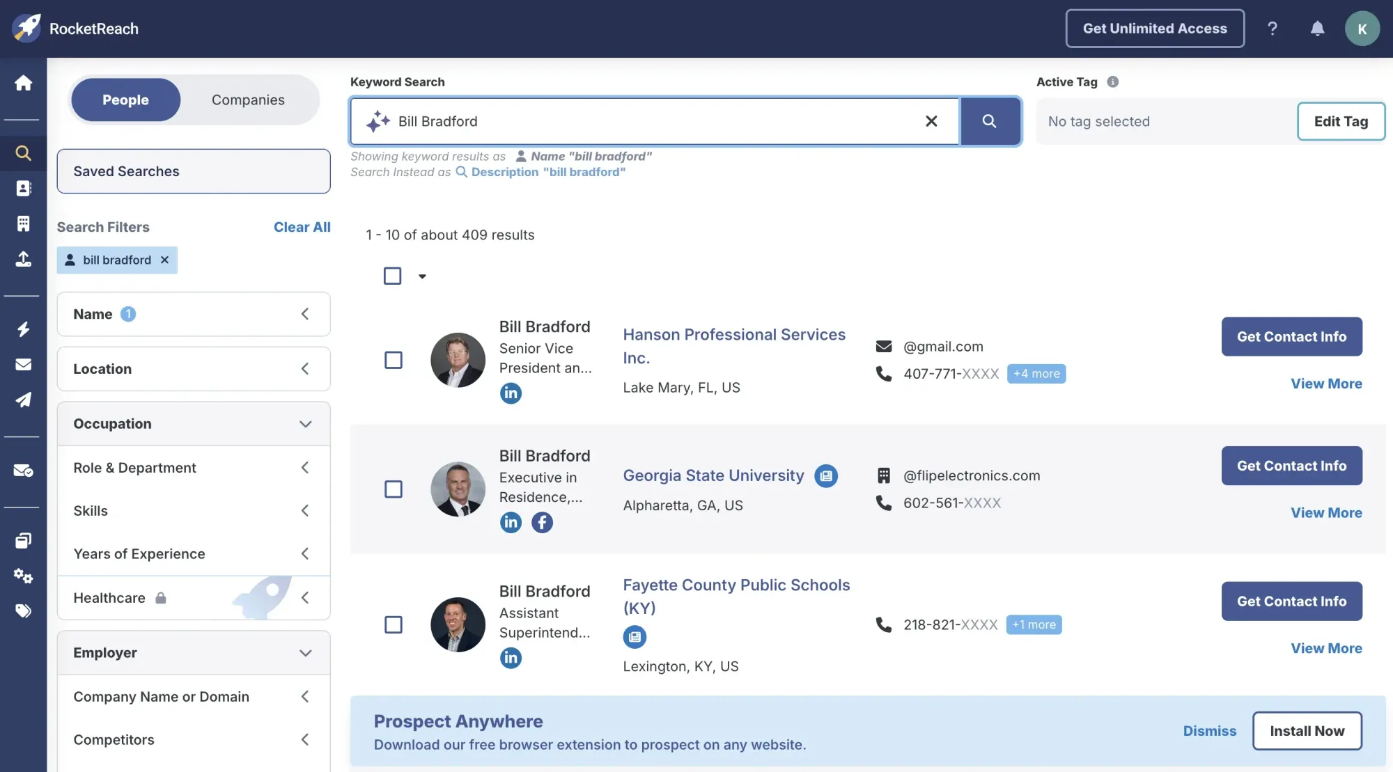 RocketReach contact discovery interface showing search results