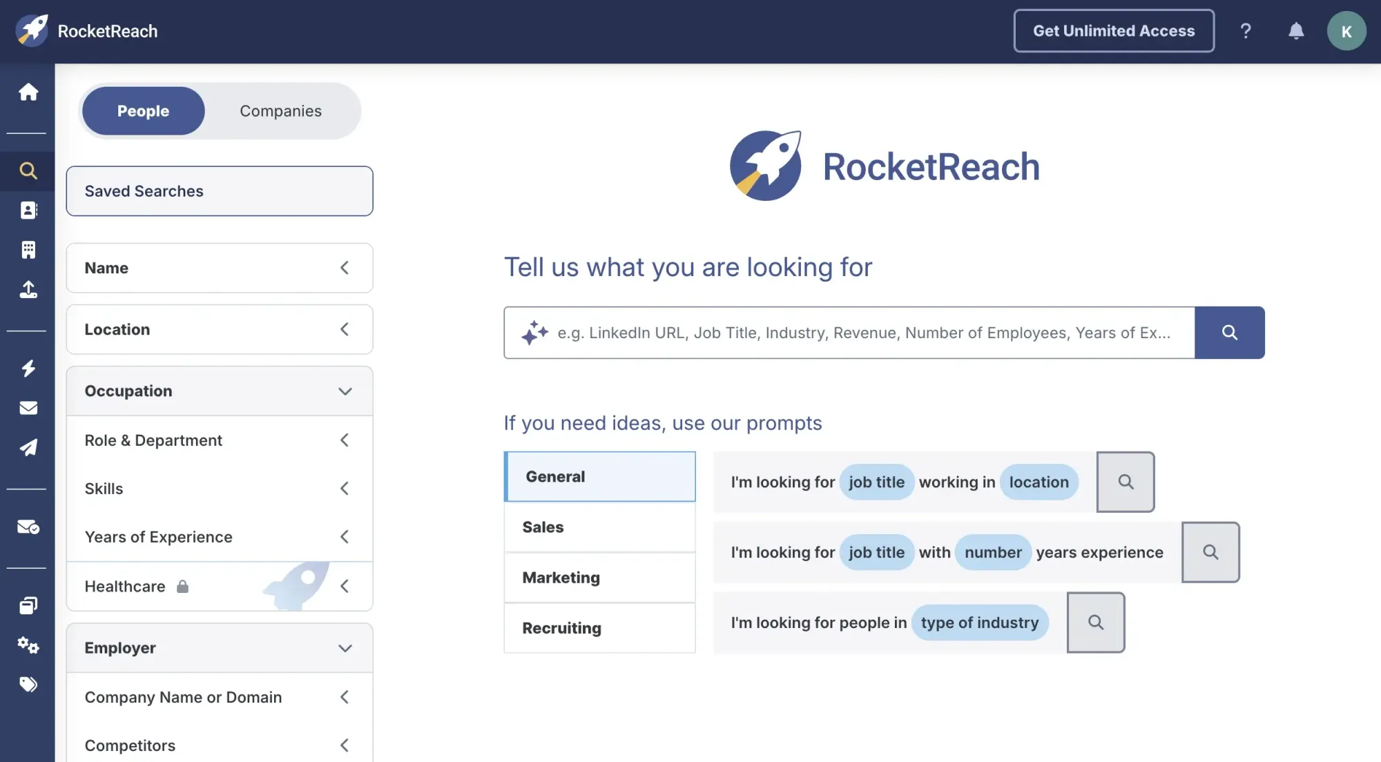 RocketReach B2B contact data platform dashboard interface