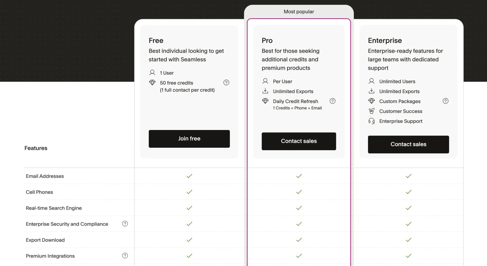 Seamless.ai pricing page shown for comparison with RocketReach