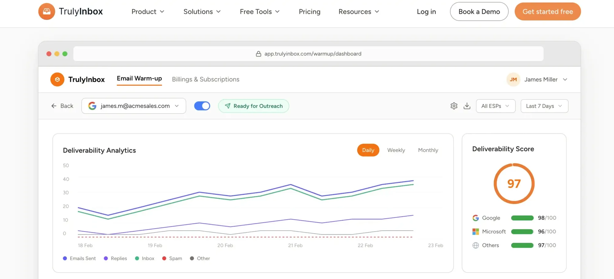 Screenshot of the TrulyInbox email warmup tool website