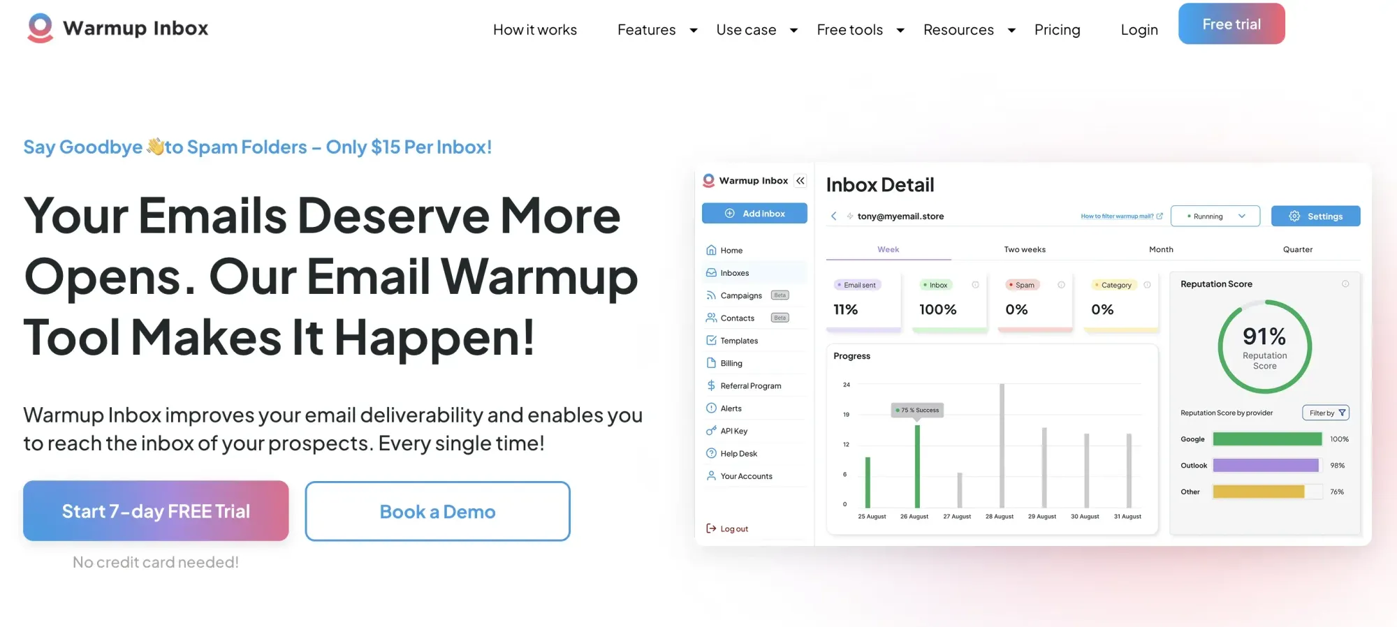 Screenshot of the Warmup Inbox email warmup tool website