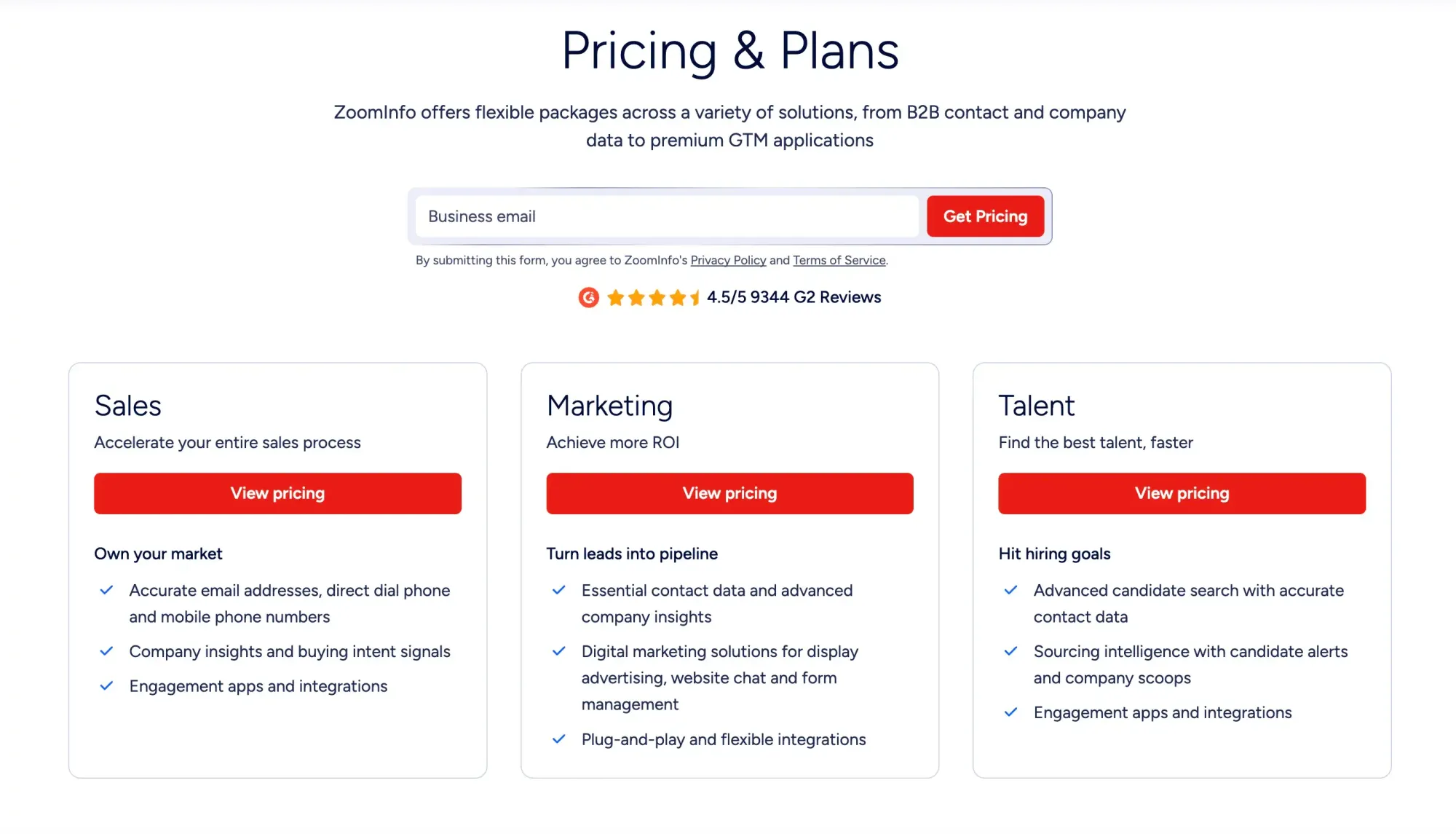 ZoomInfo pricing page shown for comparison with RocketReach