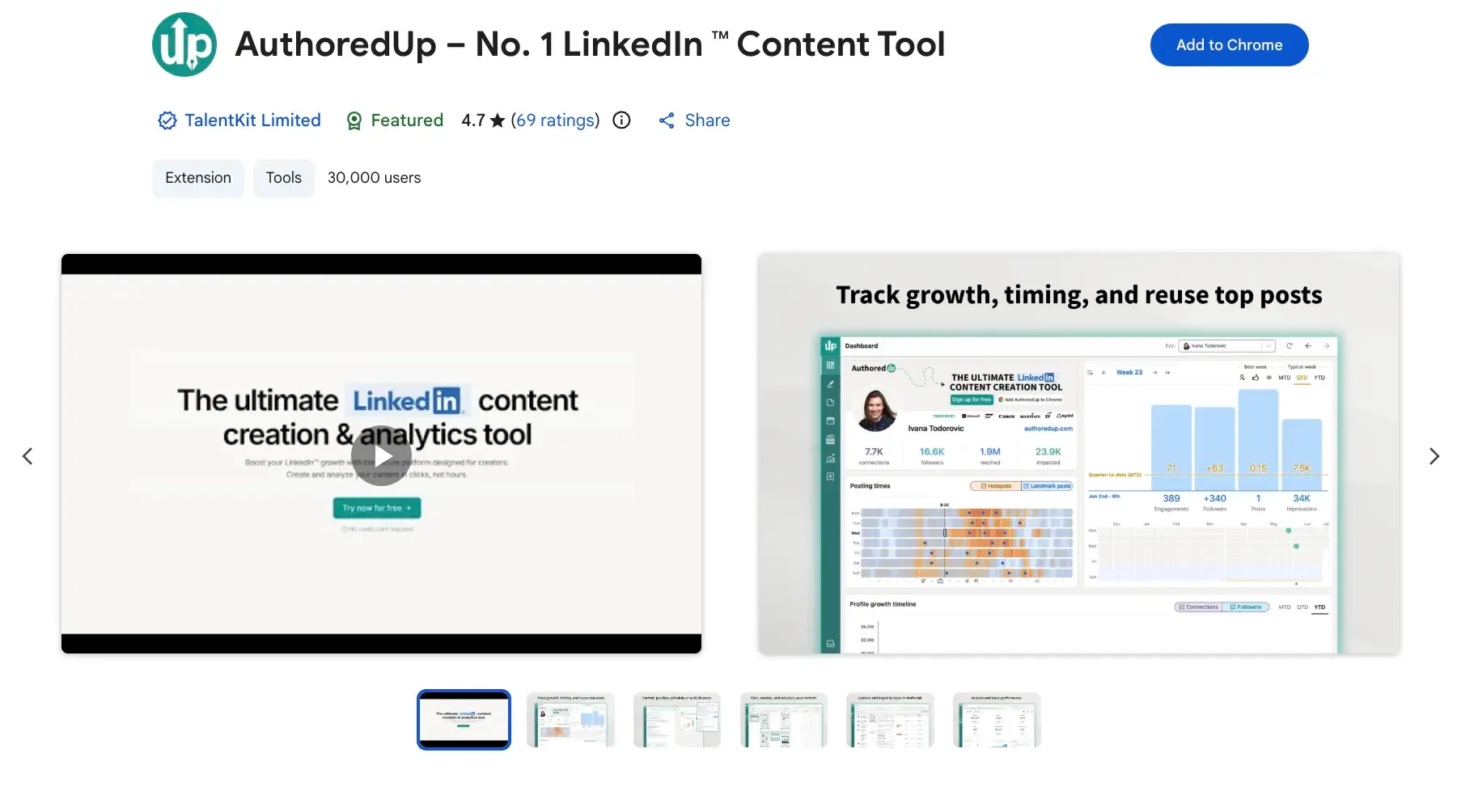 Screenshot of the AuthoredUp LinkedIn Chrome extension on the Chrome Web Store