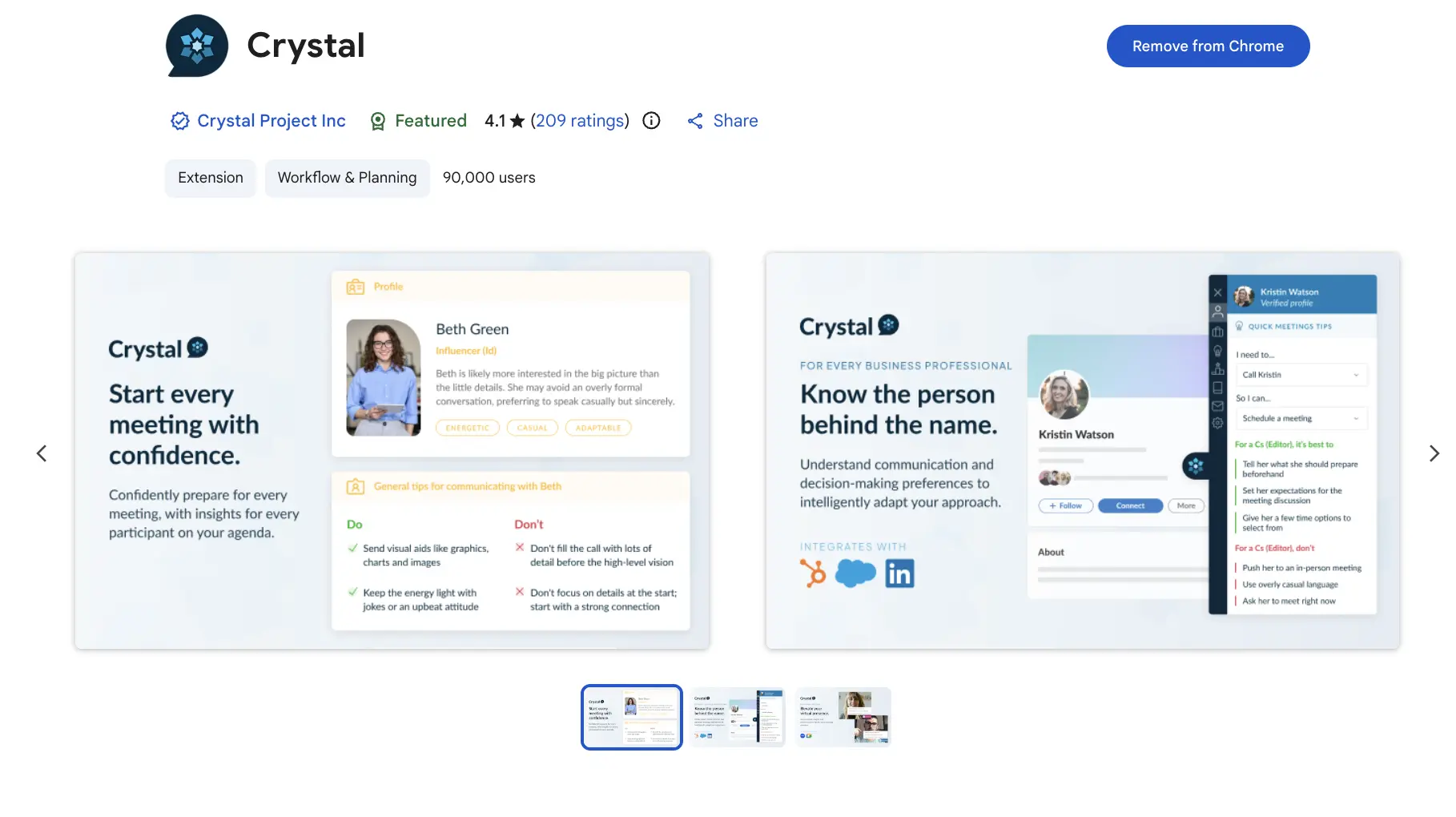 Screenshot of the Crystal LinkedIn Chrome extension on the Chrome Web Store