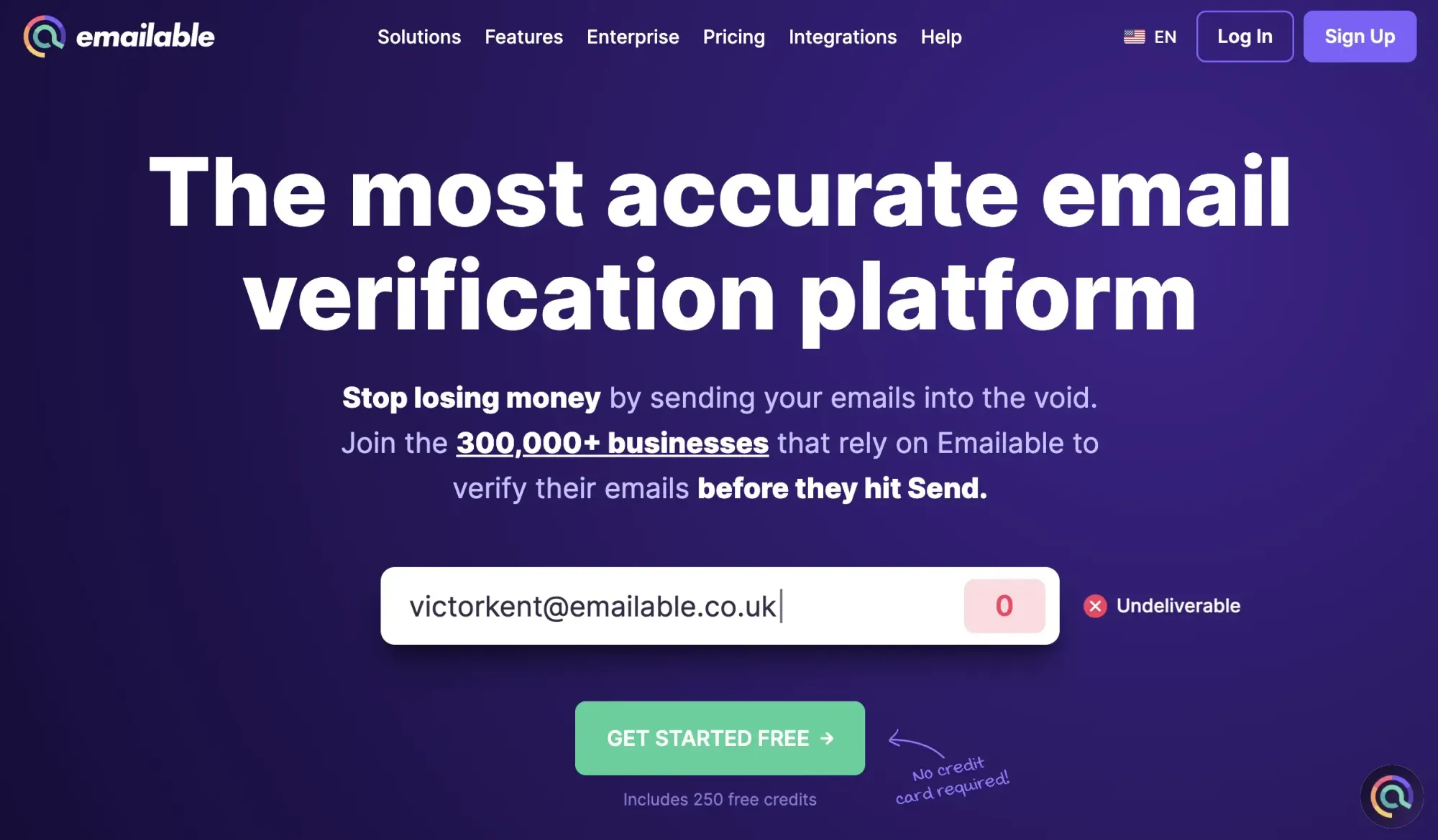 Screenshot of the Emailable email verification tool website