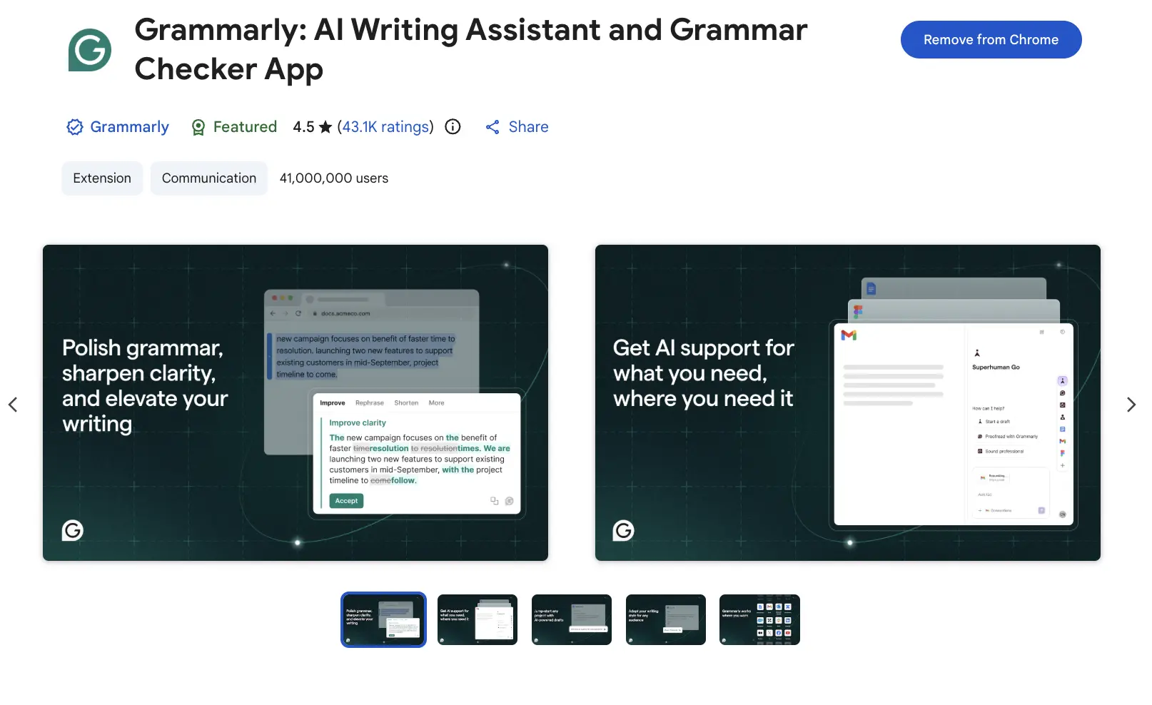 Screenshot of the Grammarly LinkedIn Chrome extension on the Chrome Web Store
