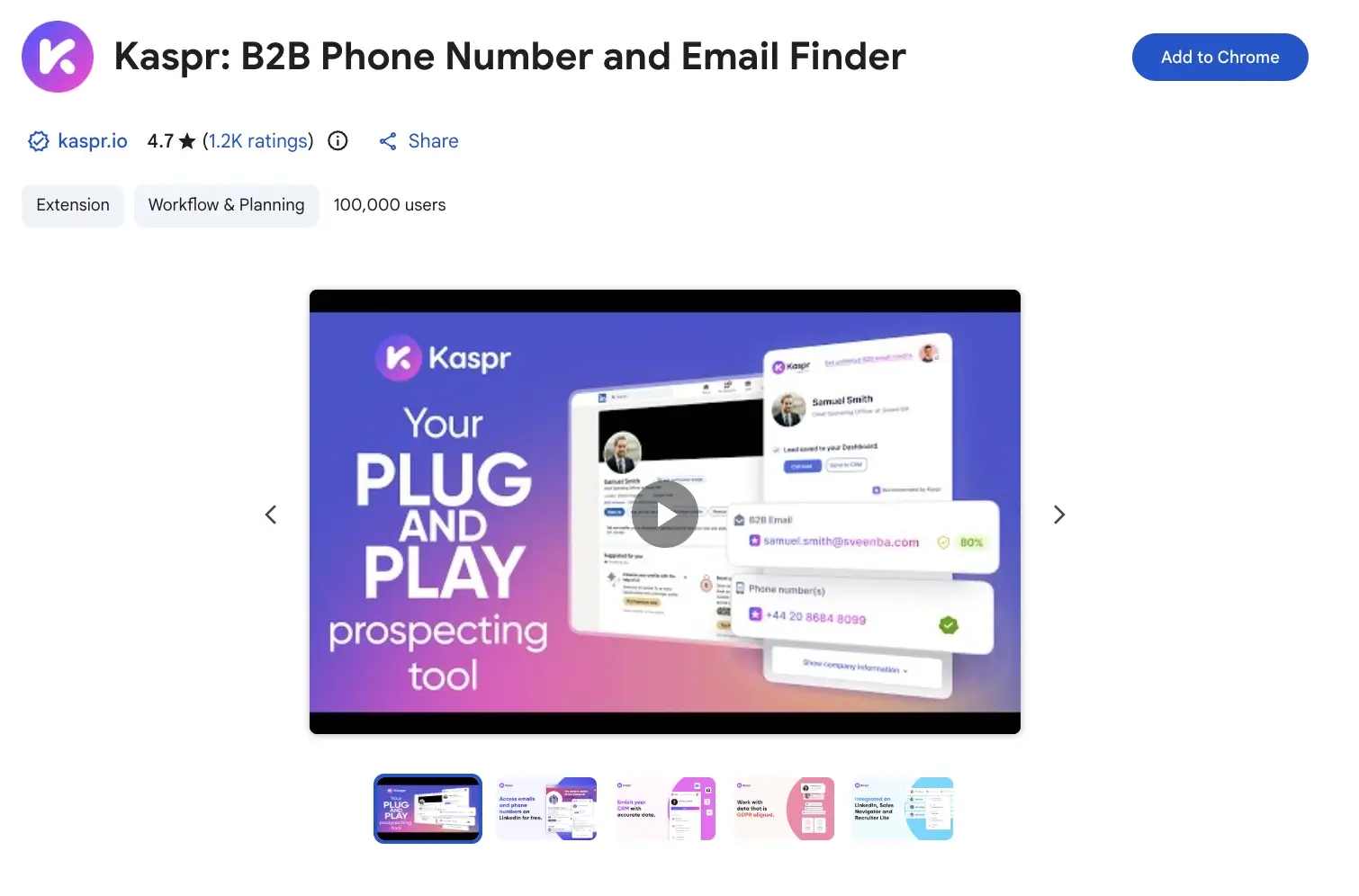 Screenshot of the Kaspr LinkedIn Chrome extension on the Chrome Web Store