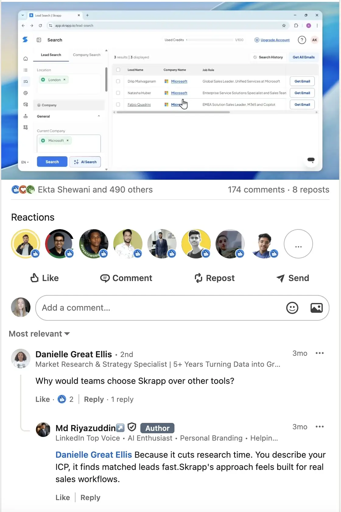 Example of Skrapp featured on LinkedIn via influencer outreach