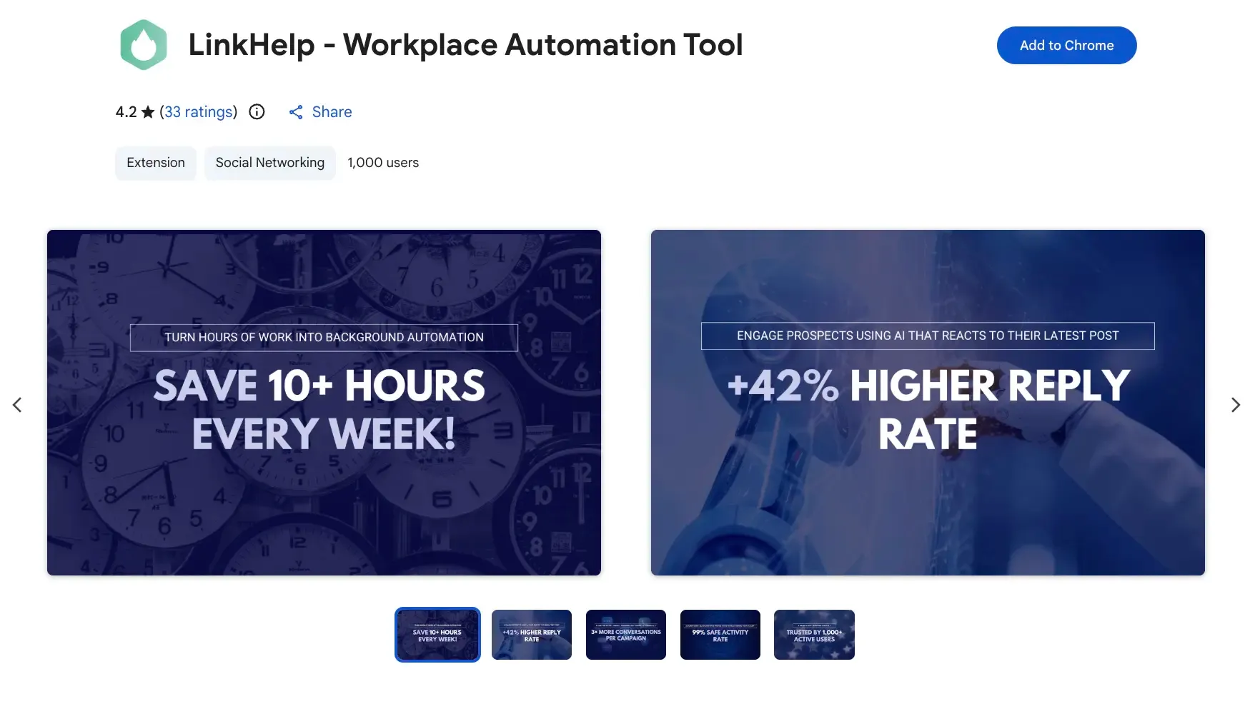 Screenshot of the LinkHelp LinkedIn Chrome extension on the Chrome Web Store