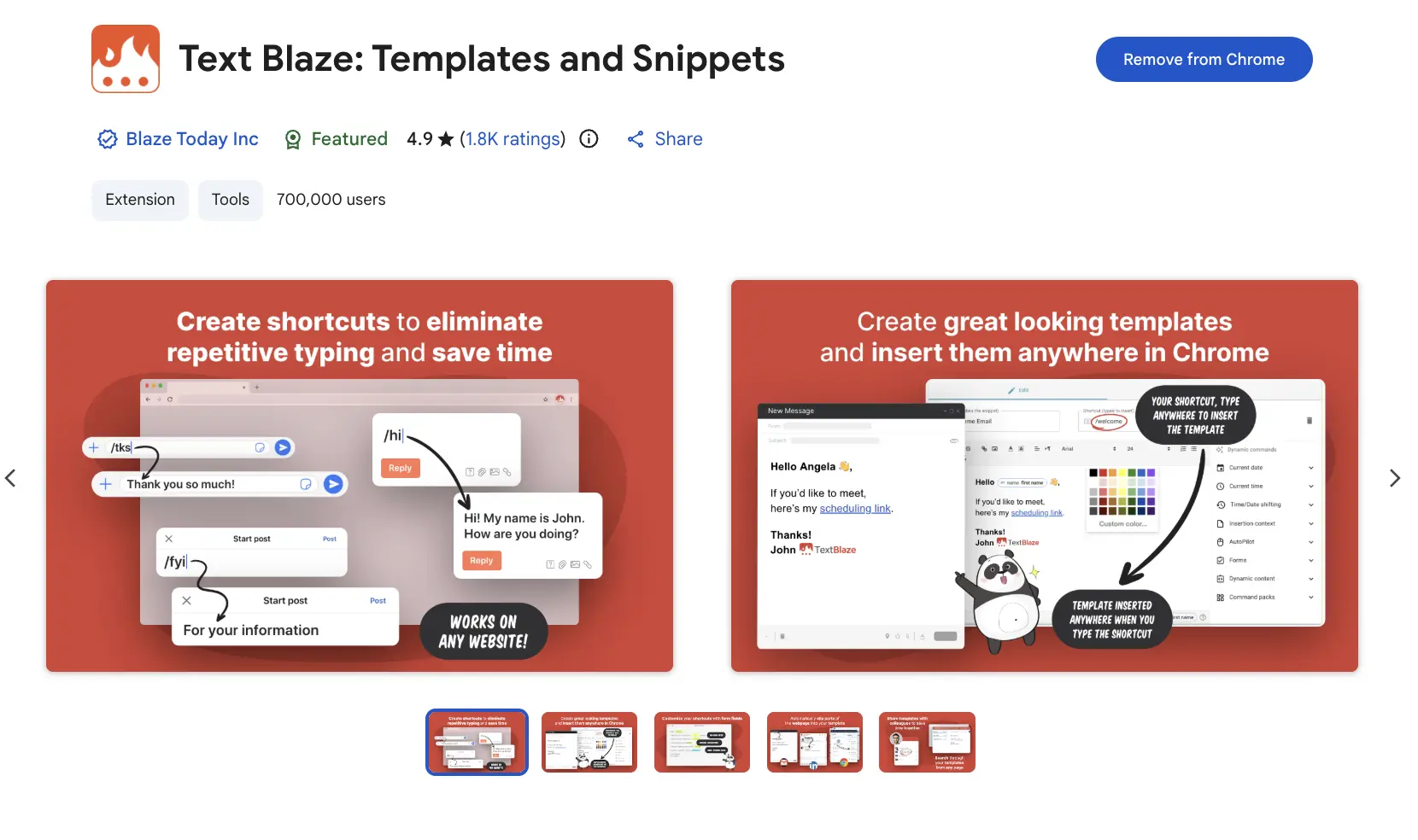 Screenshot of the TextBlaze LinkedIn Chrome extension on the Chrome Web Store