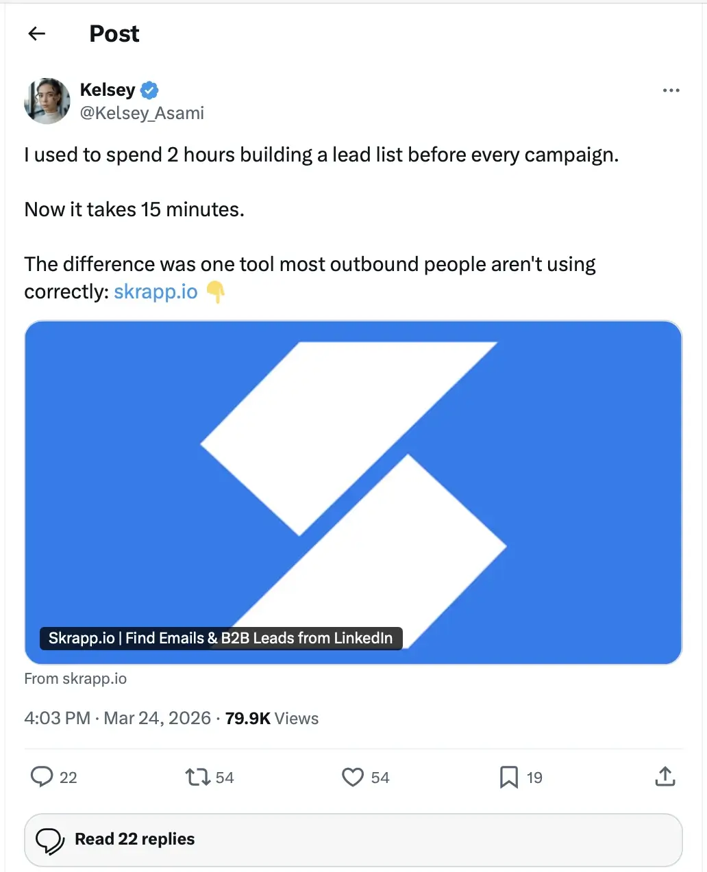 Skrapp featured in an X influencer post as an example of influencer outreach on X