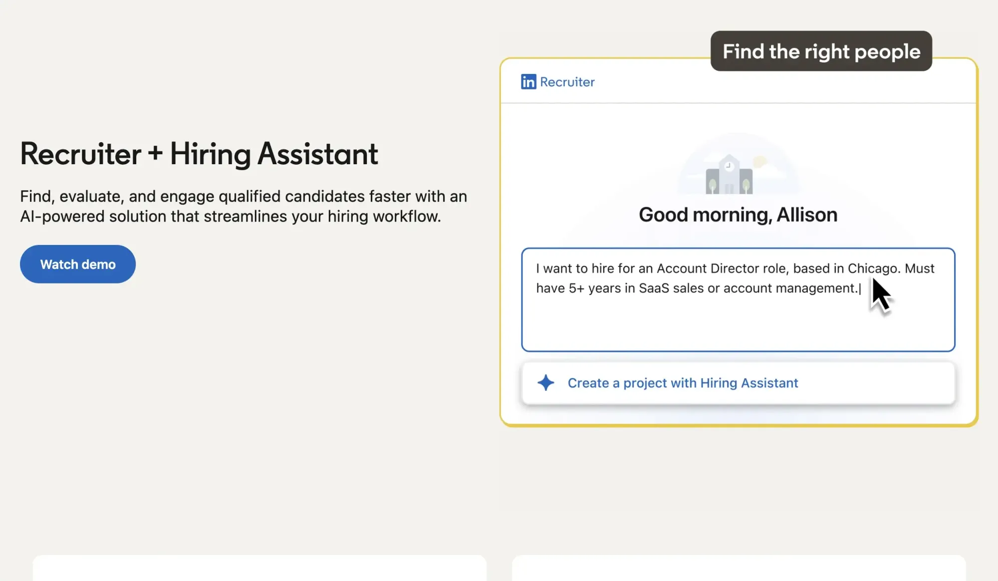 AI sourcing with LinkedIn Recruiter + Hiring Assistant (website screenshot)