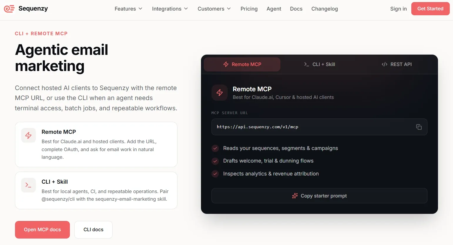 Sequenzy email marketing platform for SaaS homepage interface