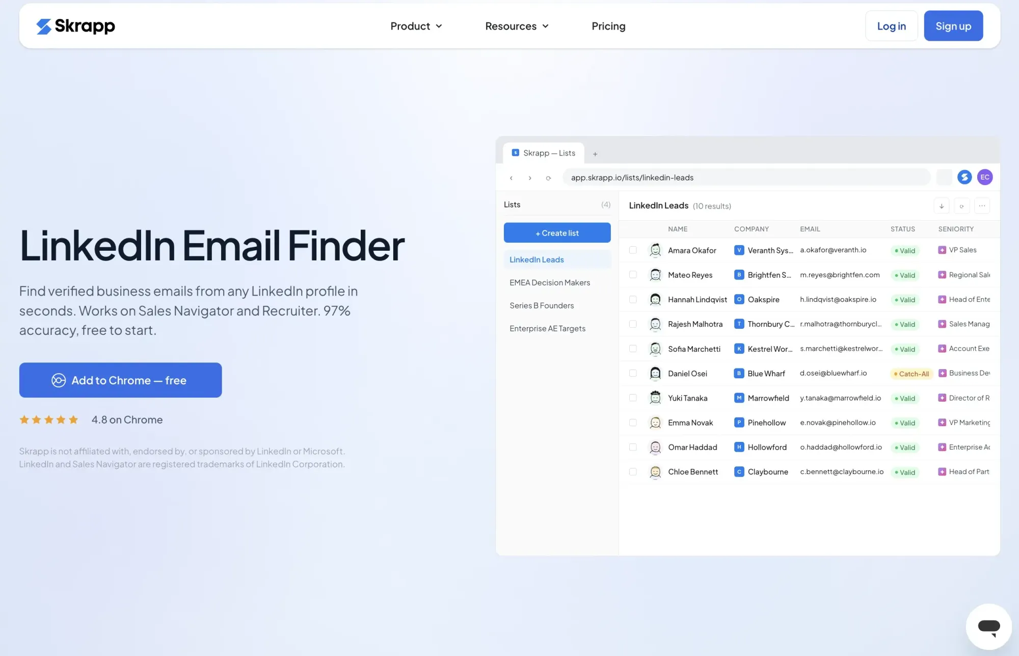 Skrapp tool for AI sourcing in pair with Sales Navigator (website screenshot)