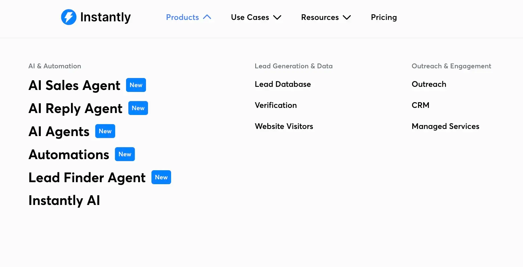 Instantly products listed (website screenshot)