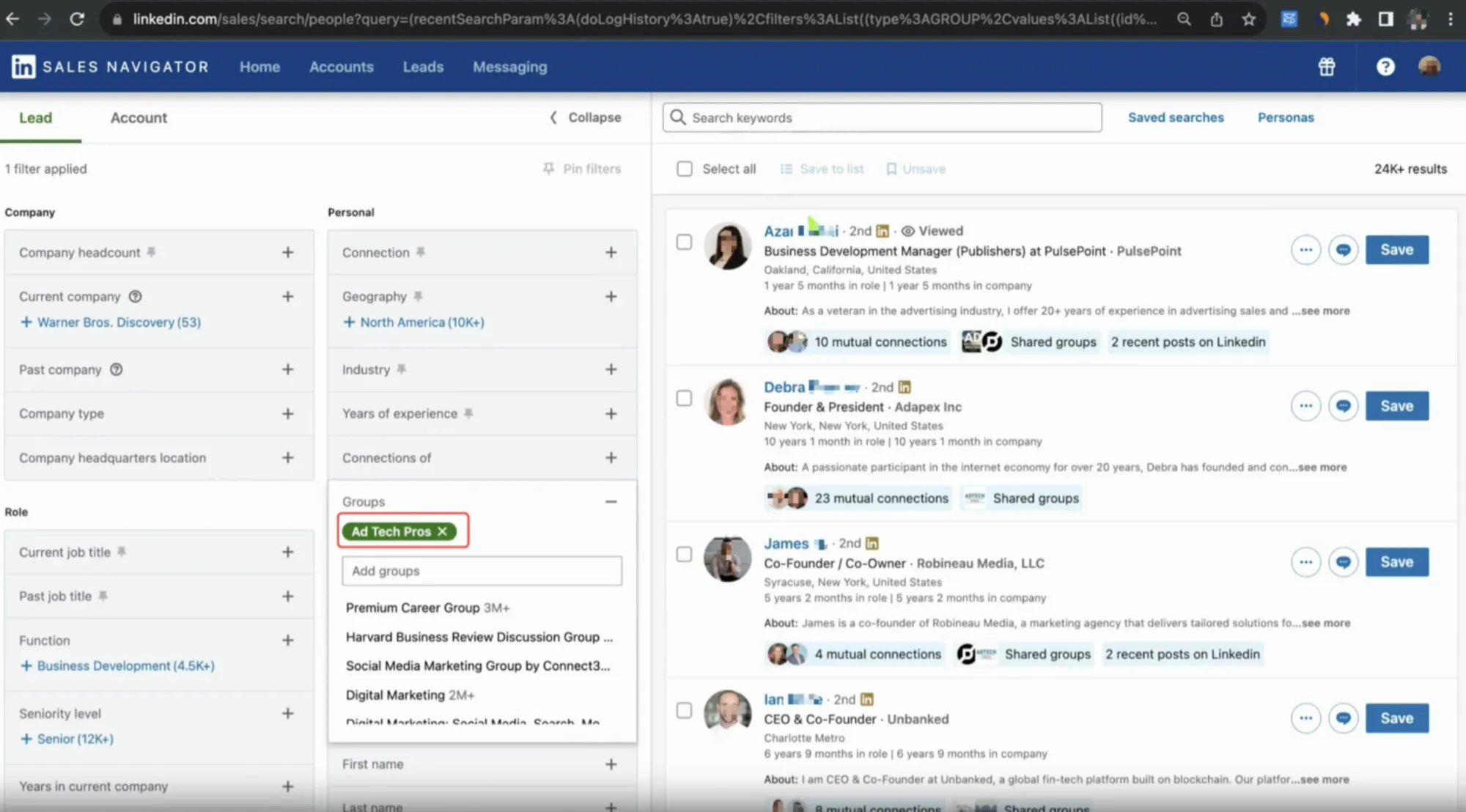 Searching LinkedIn profiles by shared Groups via Sales Navigator