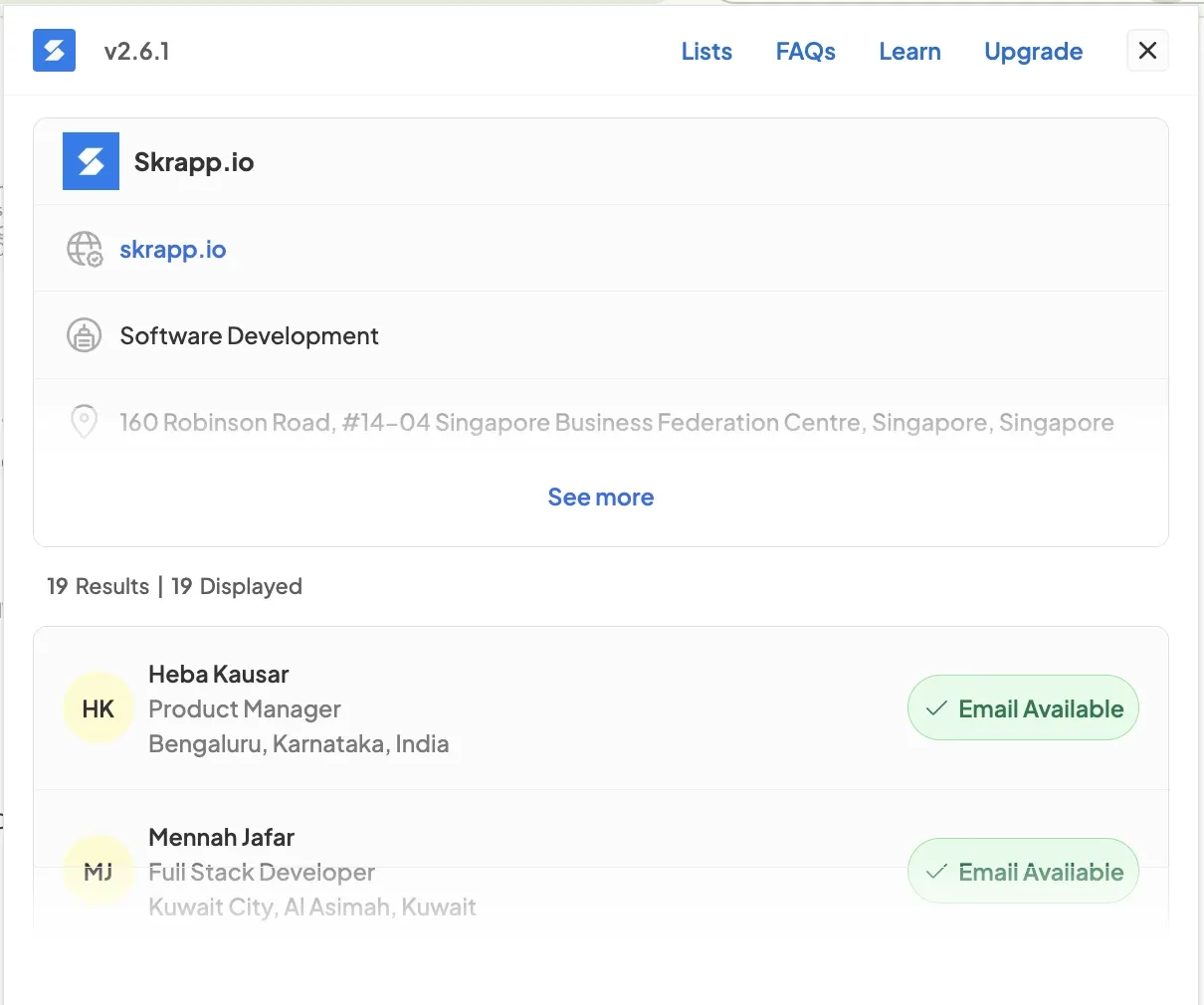 Skrapp Chrome extension finding email addresses from a domain