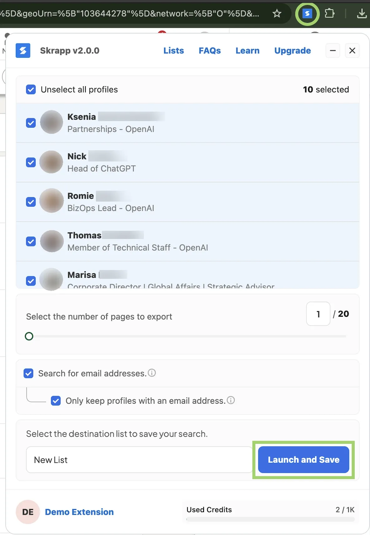 Exporting contacts from LinkedIn to a Skrapp list