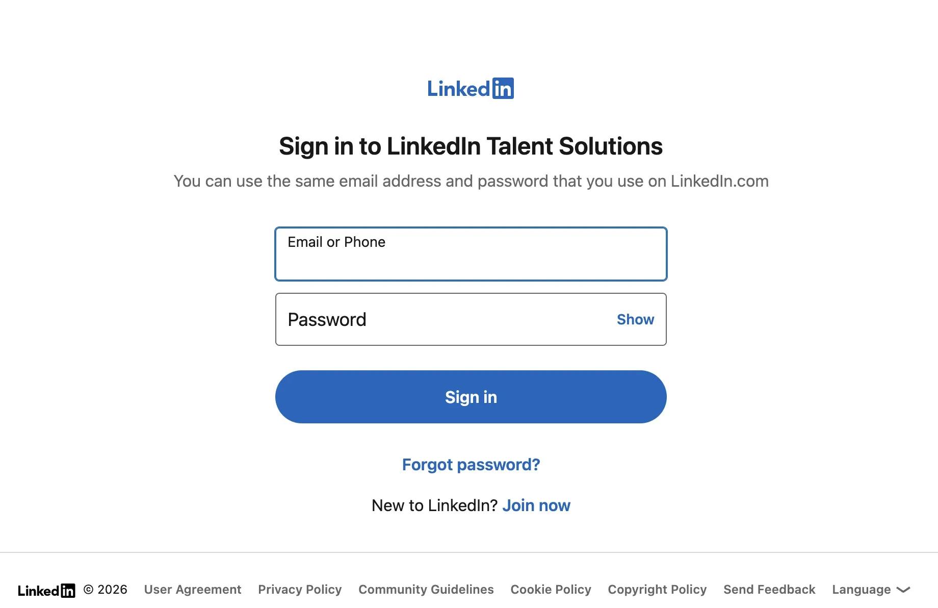 LinkedIn Talent Solutions - Log In page
