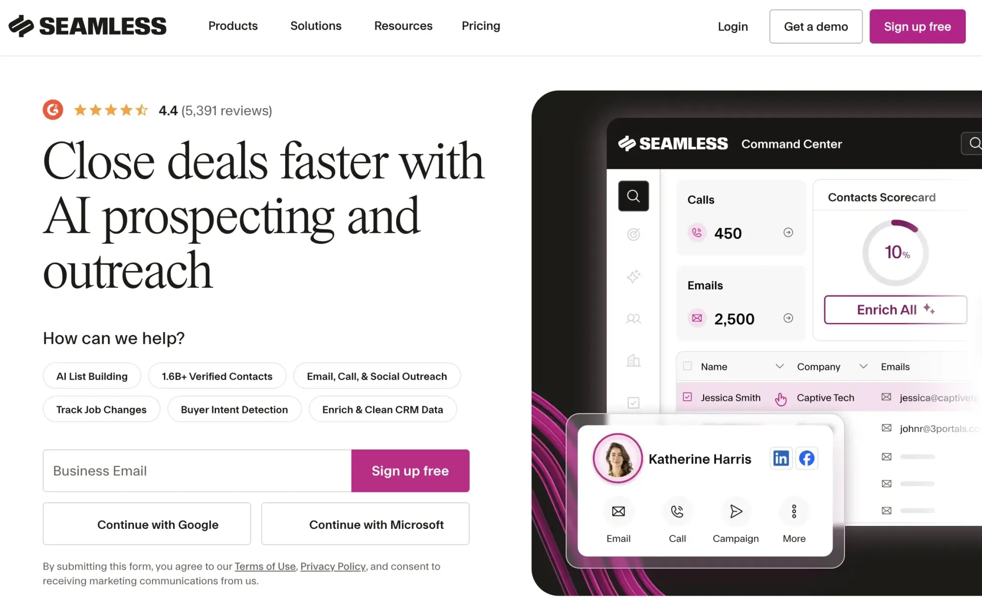 Seamless AI sales management platform (website screenshot)