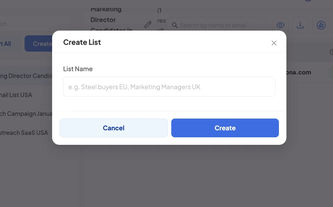 Creating a list of candidates in Skrapp.io