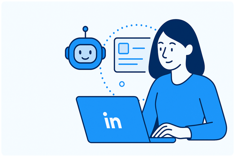 linkedin ai tools, ai tools for linkedin in 2025. illustration of woman looking at laptop 