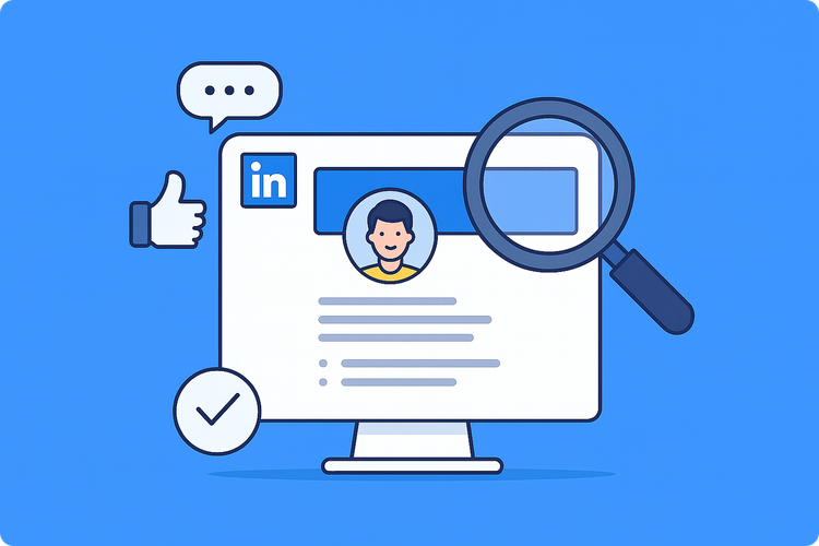LinkedIn Profile Optimization Tips for 2025, image shows laptop screen on linkedin profile, linkedin logo, and a magnifying g