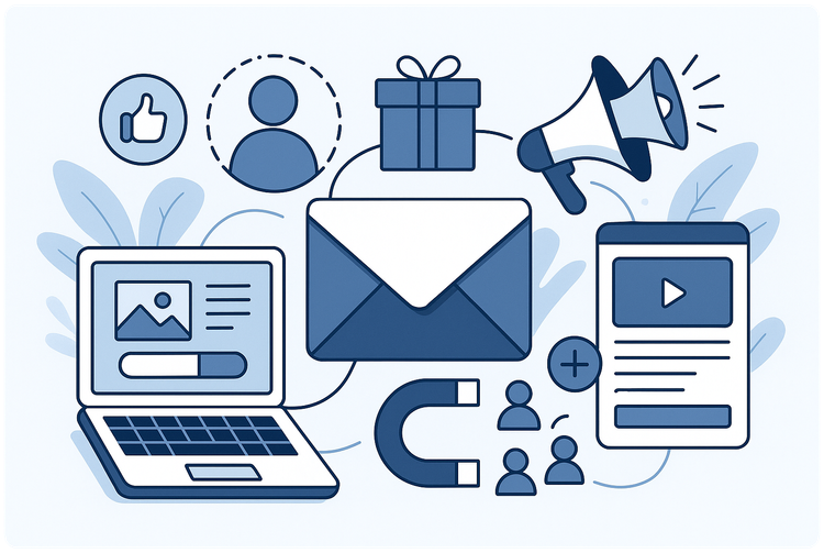 Email Marketing Lists: Best Strategies for 2025 image shows laptop, lists, magnet, like symbol