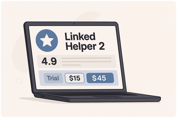 Linked Helper review and pricing 2025 image shows laptop with linked helper 2 logo and their pricing structure on the screen