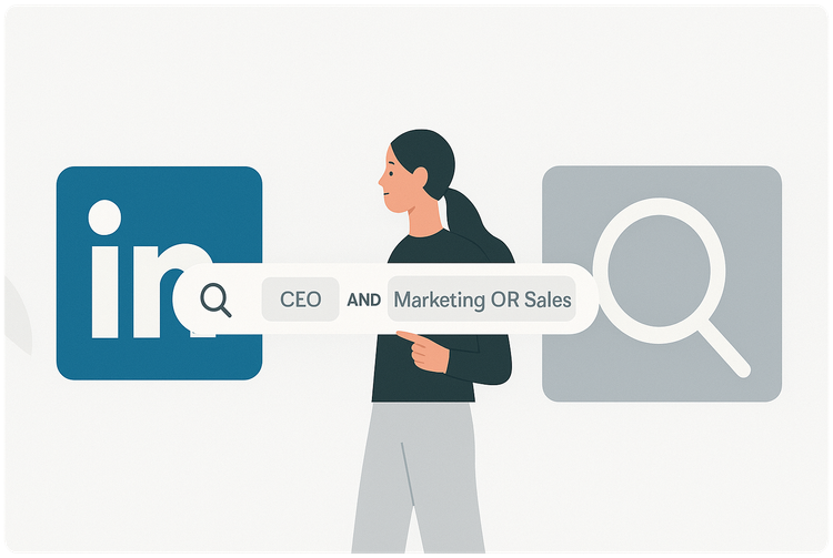 LinkedIn Boolean Search tutorial 2025. image shows girl holding boolean string with linkedin logo in the back