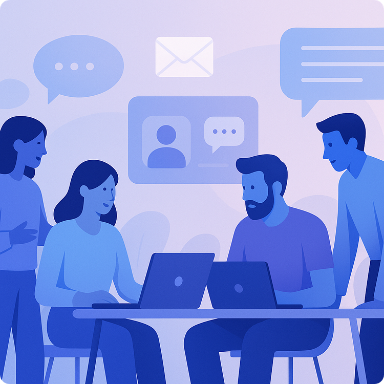 Tools for Testing Email Accessibility, featured image with people sending emails at a tabl