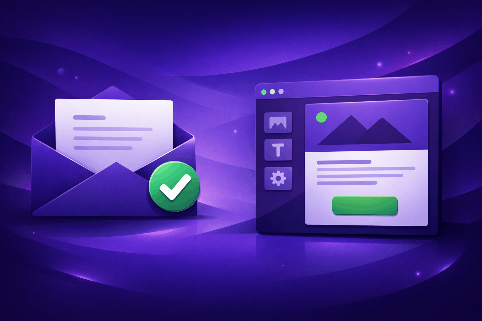 A featured image illustrating an open purple email and a stylized email template editor