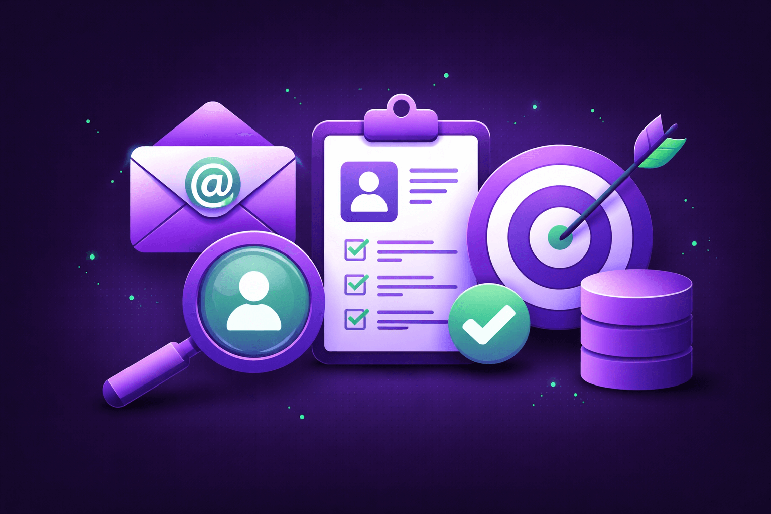 Illustration of marketing and data tools on a dark purple background with green highlights